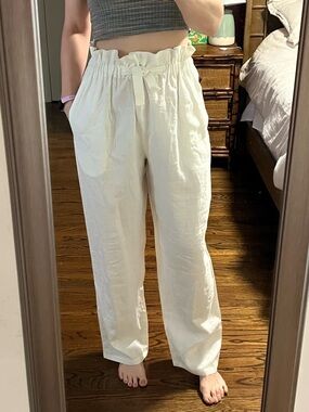 VTG 100% Linen Stretch Waist Pull On White Flowy Front Tie Pants Women's Medium